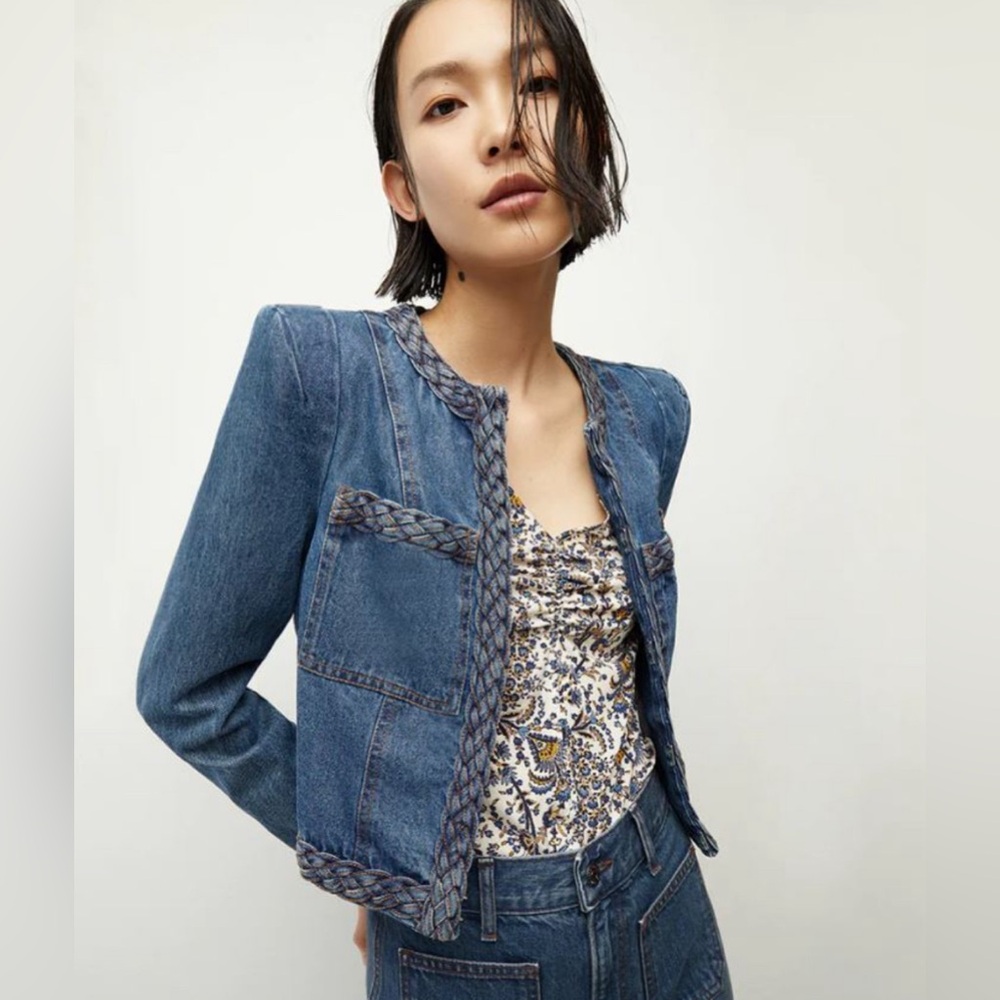NWOT VERONICA BEARD ARROWE COTTON DENIM BLUE JEAN JACKET BRAIDED TRIM SZ …